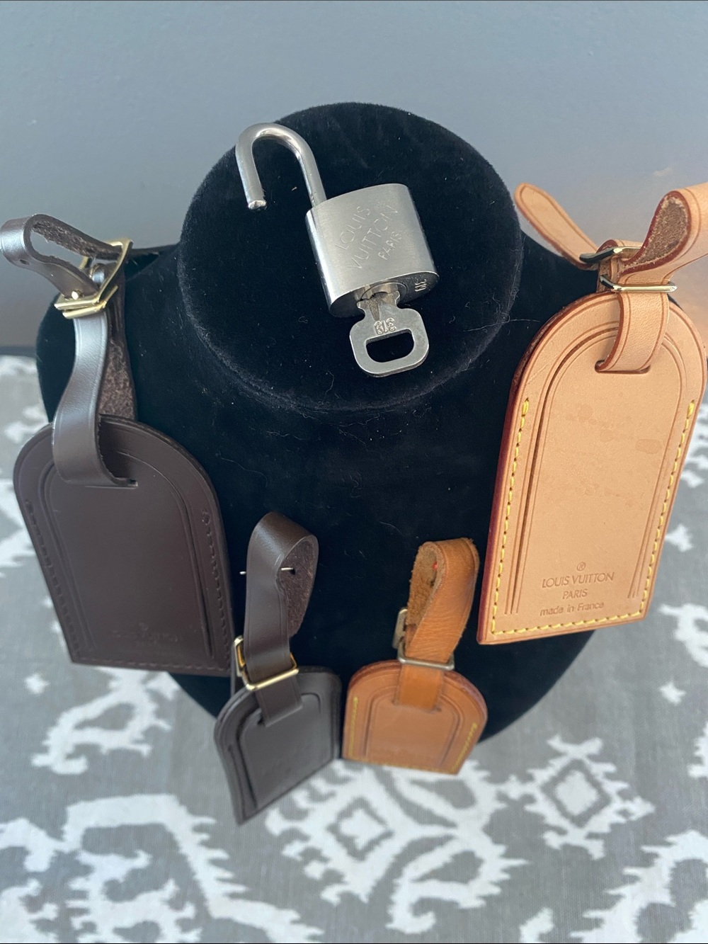 Louis Vuitton Silver Lock & Key and Leather Luggage Tags in Dark Brown & Tan